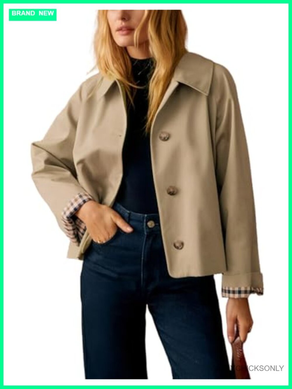 Womens Short Trench Jacket Plaid Lining Button Front Lightweight Casual with